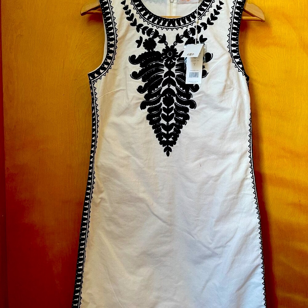 NWT Tory Burch Black & White Camille Embroidered Linen Shift Dress Size 2 - Picture 6 of 8